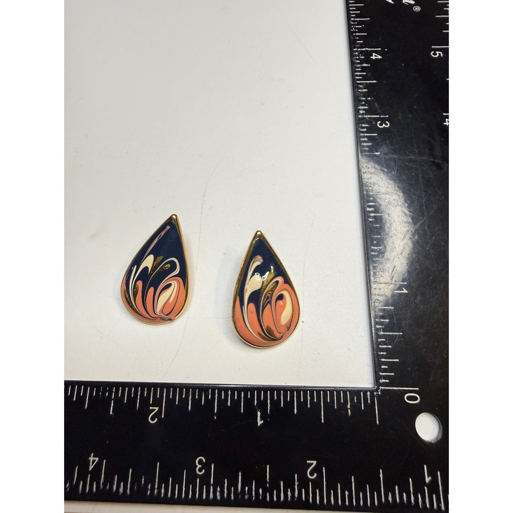Vintage Enamel Teardrop Stud Earrings Gold‎ Tone Navy Blue Peach Swirl Abstract